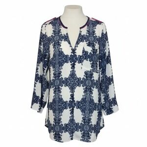 Soft Surroundings White and Blue‎ Print Long Sleeve V Neck Tunic Top Women's Med